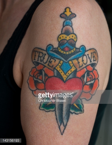 Traditional Dagger True Love Tattoo On Left Shoulder