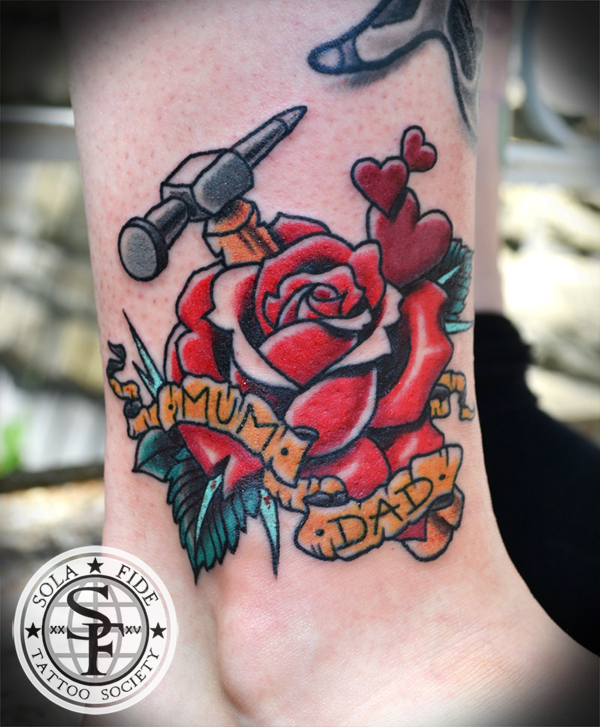 Traditional Mom Dad Rose Traditional Tattoo On Ankle