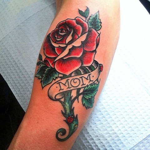 Traditional Rose With Mom Banner Tattoo By Cassandra Knox
