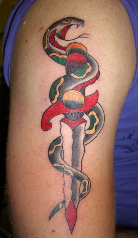 Traditional Snake And Dagger Tattoo On Right Half Sleeve