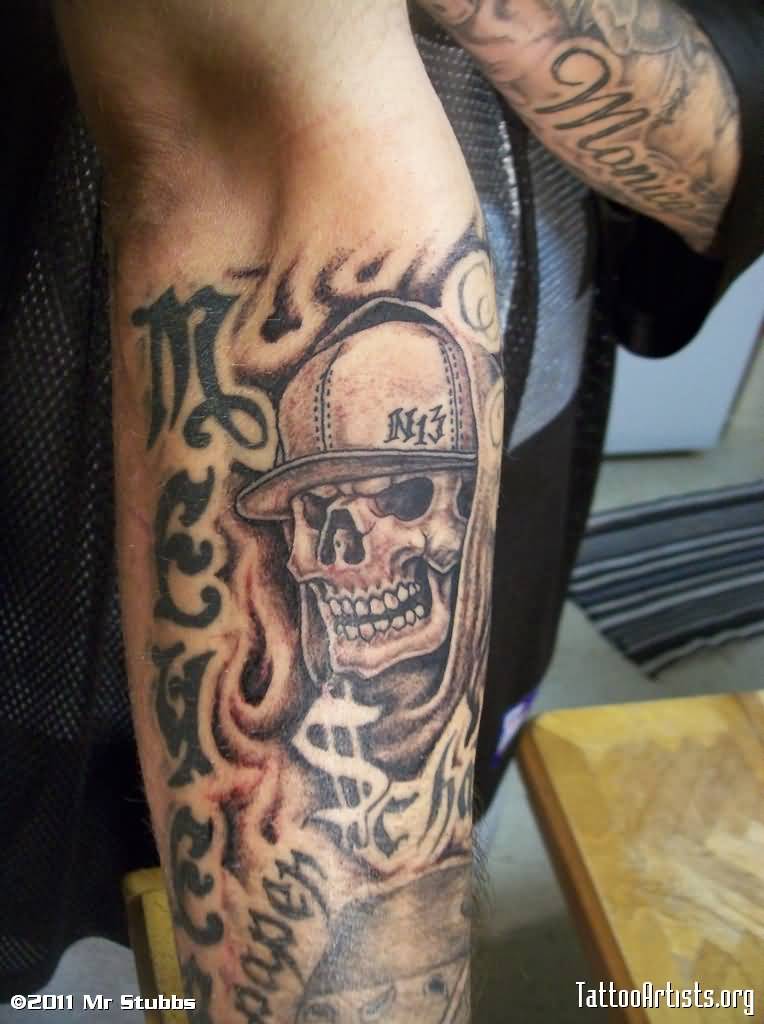 Tribal Grey Ink Skull Gangsta Tattoo