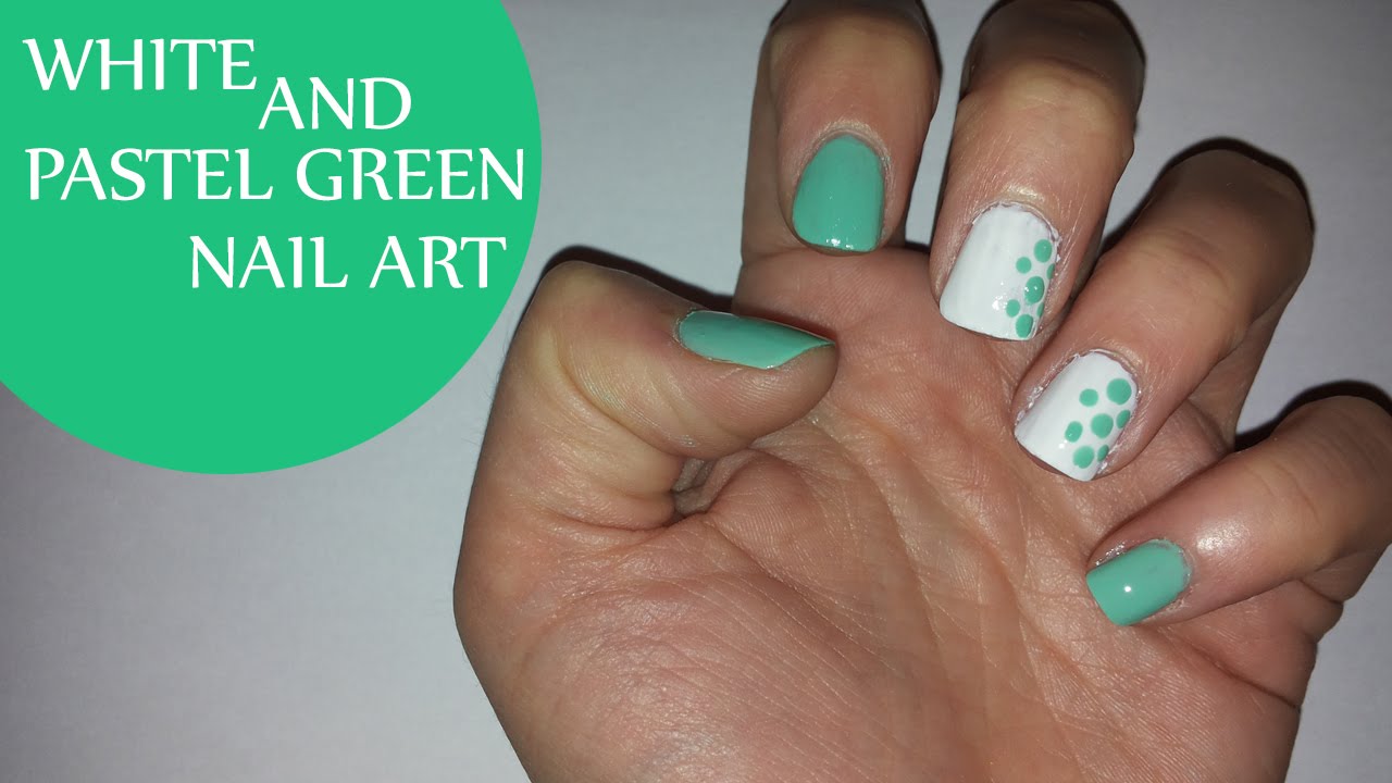 White And Green Pastel Polka Dots Nail Art
