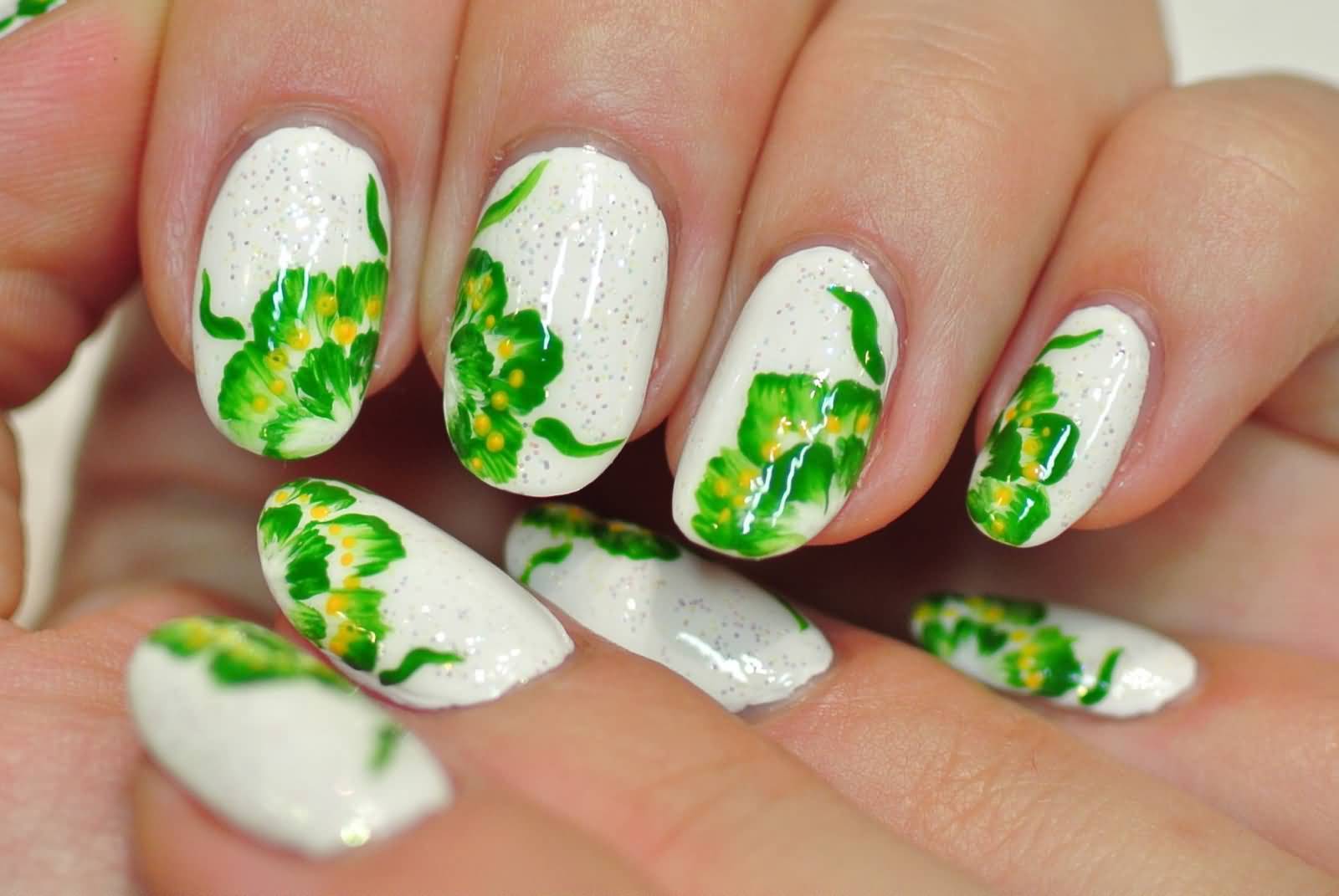 White Base Nails With Green Flowers Nail Art Tutorial