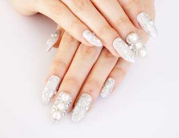 White Nails With Pearls Design Japanese Nail Art