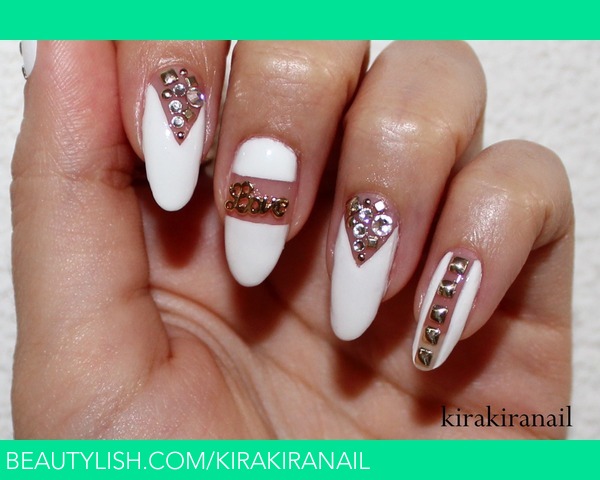 White Negative Space Nail Art With Metallic Love Text And Caviar Beads Design Idea