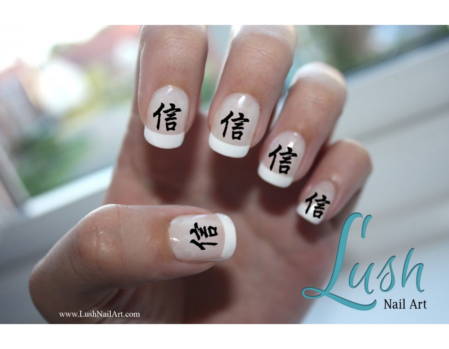 White Tip Chinese Symbol Nail Art Design Idea