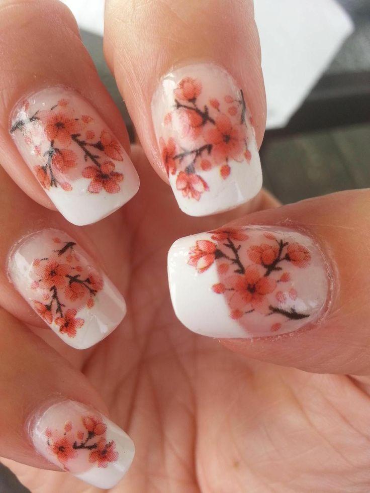 White Tip Nails With Cherry Blossoms Chinese Nail Art