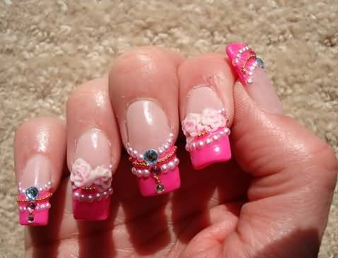 White Tip Nails With Pearls Design And 3D Flowers Japanese Nail Art
