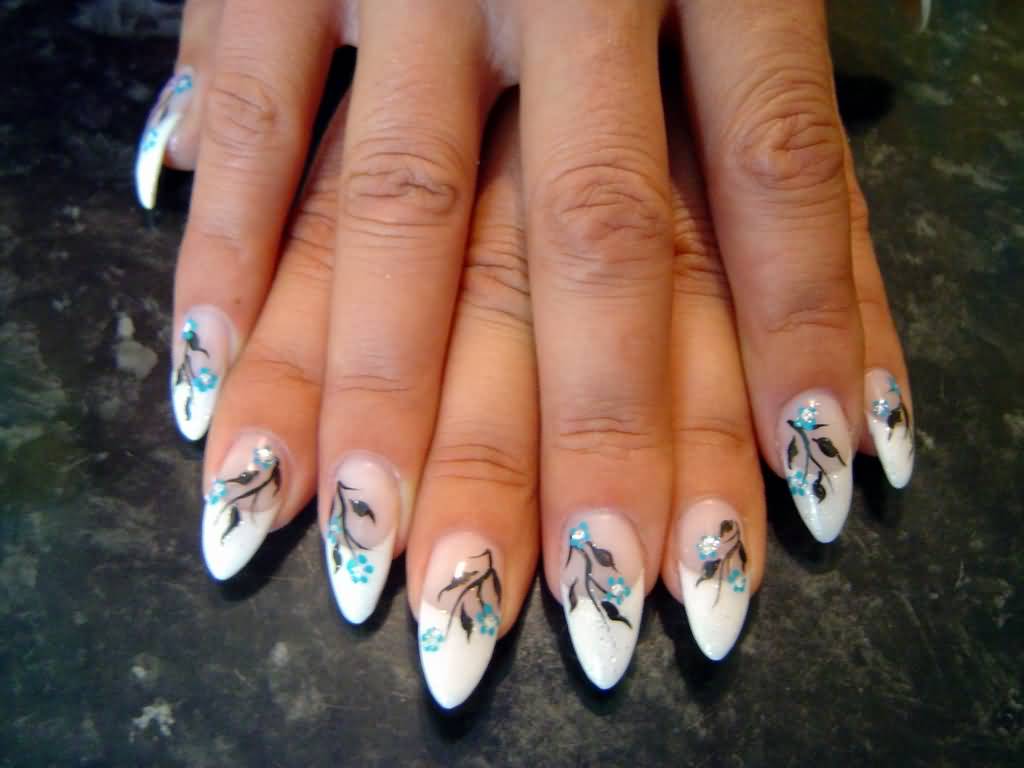 White Tip With Flowers Design Japanese Nail Art