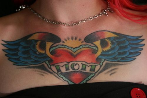 Winged Mom Heart Tattoo On Chest For Girls