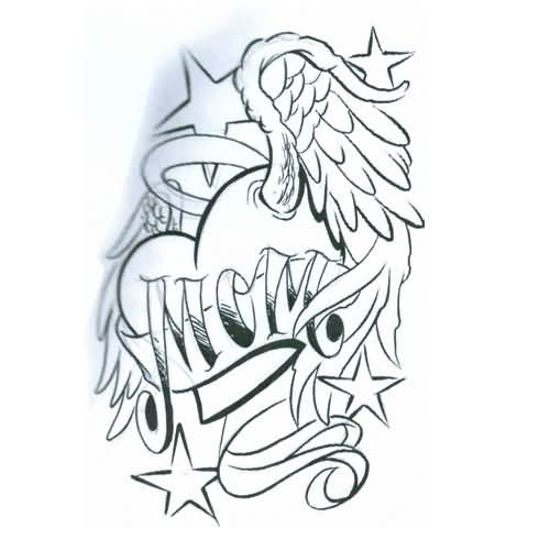 Winged Mom Heart Tattoo Stencil