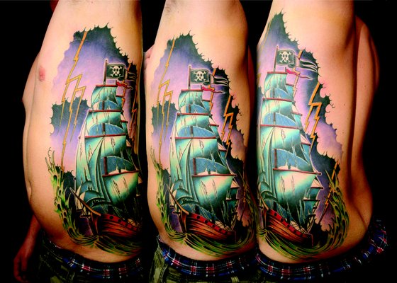 Wonderful Colored Jolly Roger Ship Tattoo On Side Rib