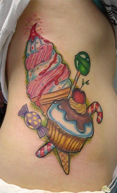 Wonderful Ice Cream And Sweet Candies Tattoo On Side Rib