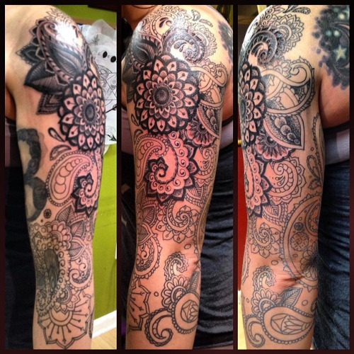 Wonderful Mandala Paisley Pattern Tattoo On Full Sleeve