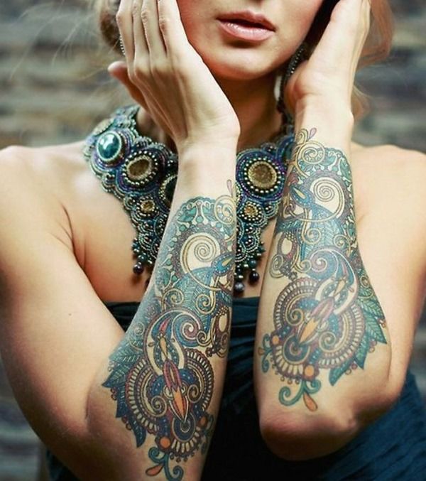 Wonderful Paisley Pattern Color Tattoo On Both Arm Sleeves For Girls