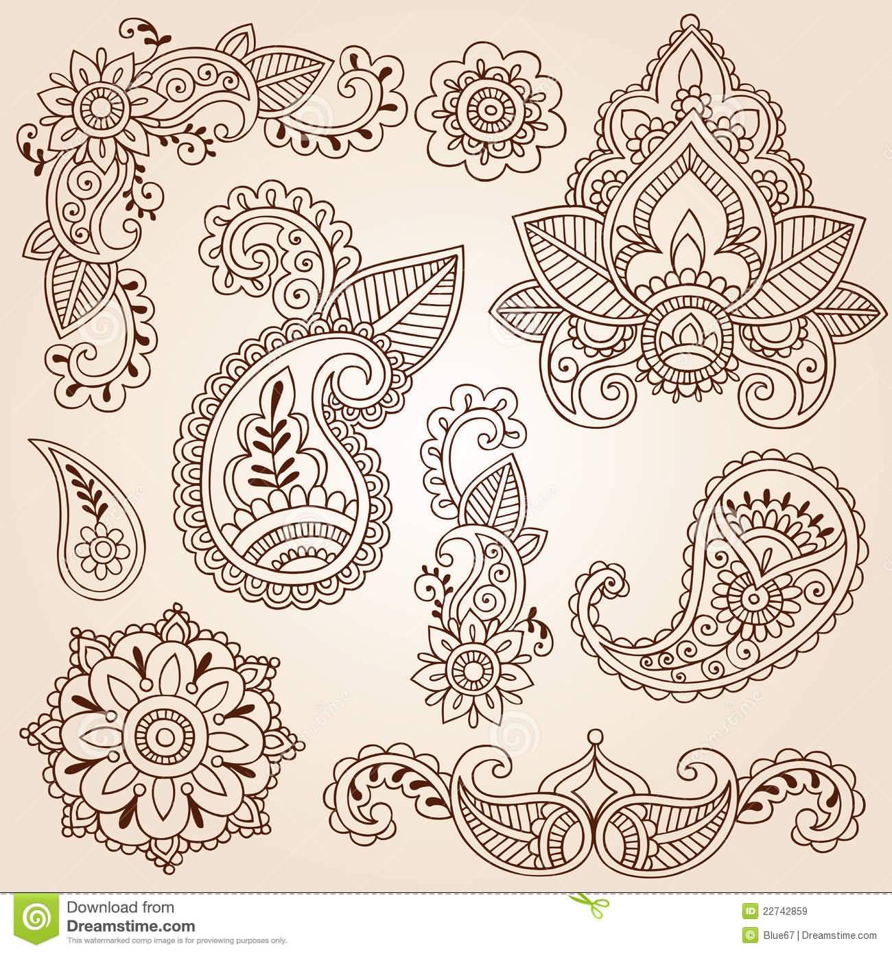 Wonderful Paisley Pattern Flowers Tattoo Samples Set