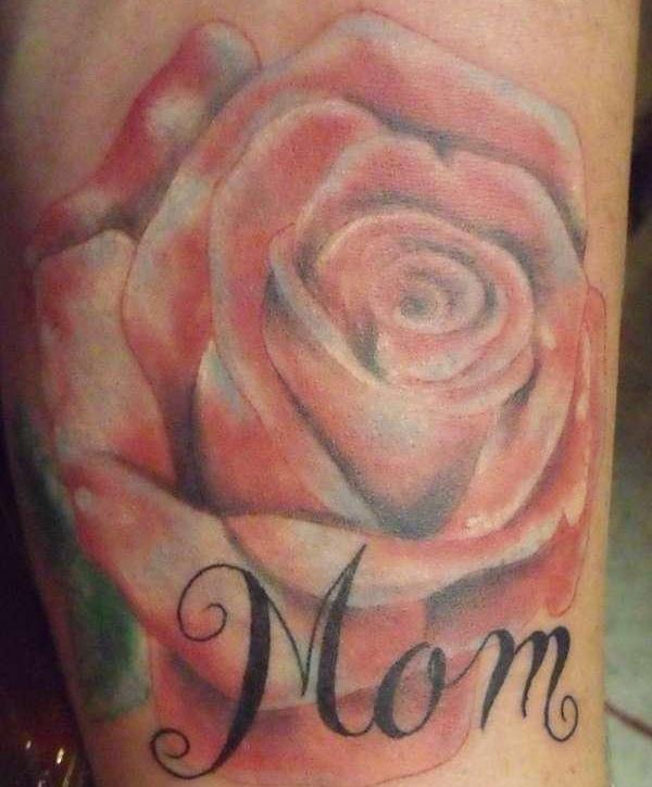 Wonderful Rose Flower With Mom Word Tattoo