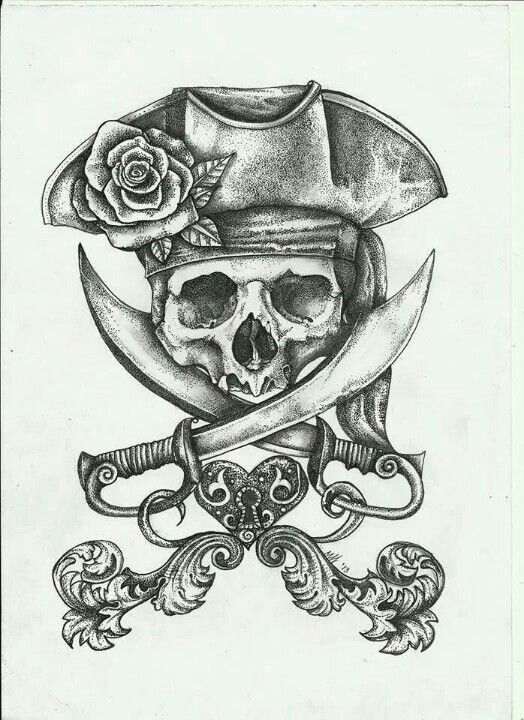 Wonderful Skull Wearing Hat Jolly Roger Tattoo Sketch