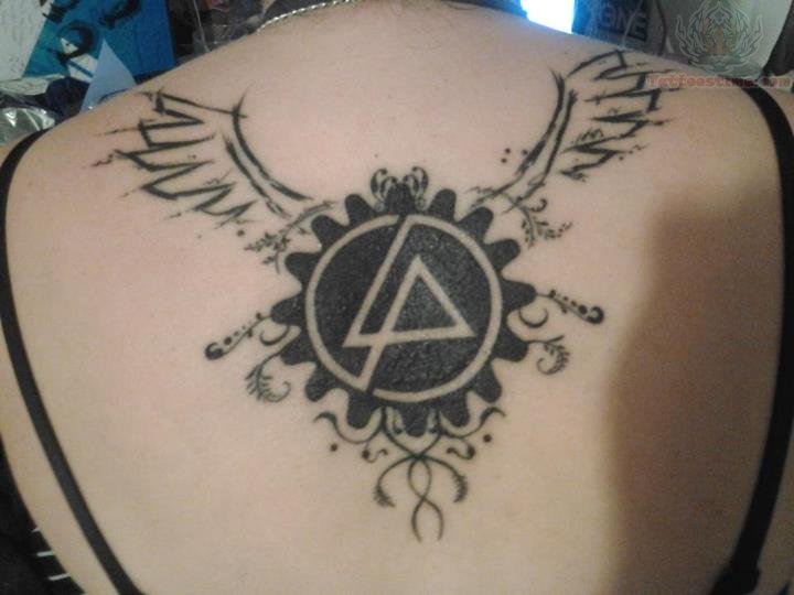 Wonderful Winged Linkin Park Symbol Tattoo On Upper Back