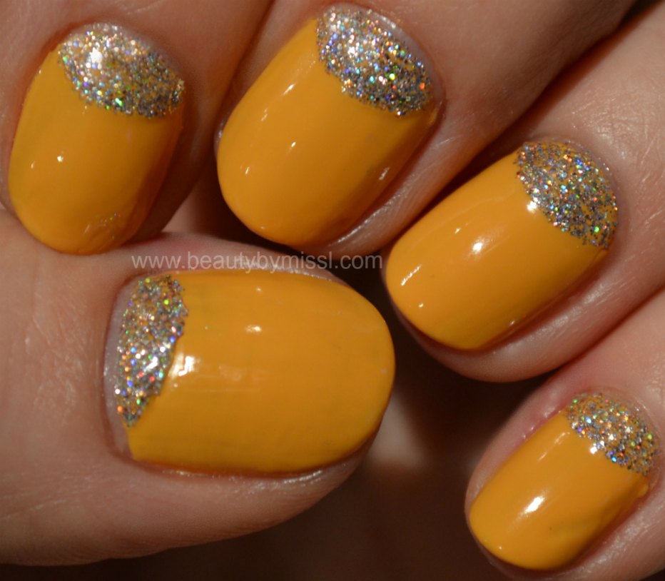Yellow Nails With Glitter Half Moon Nail Art