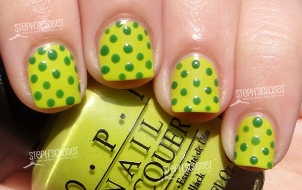 Yellow Nails With Green Polka Dots Nail Art