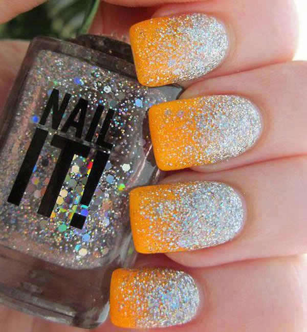 Yellow Nails With Silver Sparkling Glitter Half Moon Nail Art