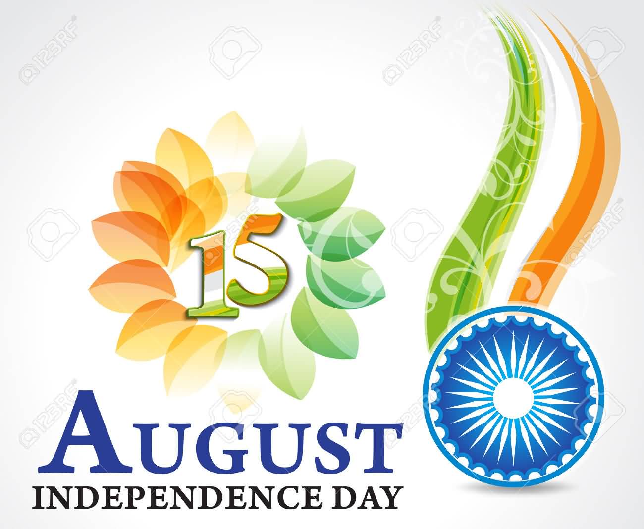 15 August Independence Day Tri Color Flowers And Ashok Chakra Vector Image