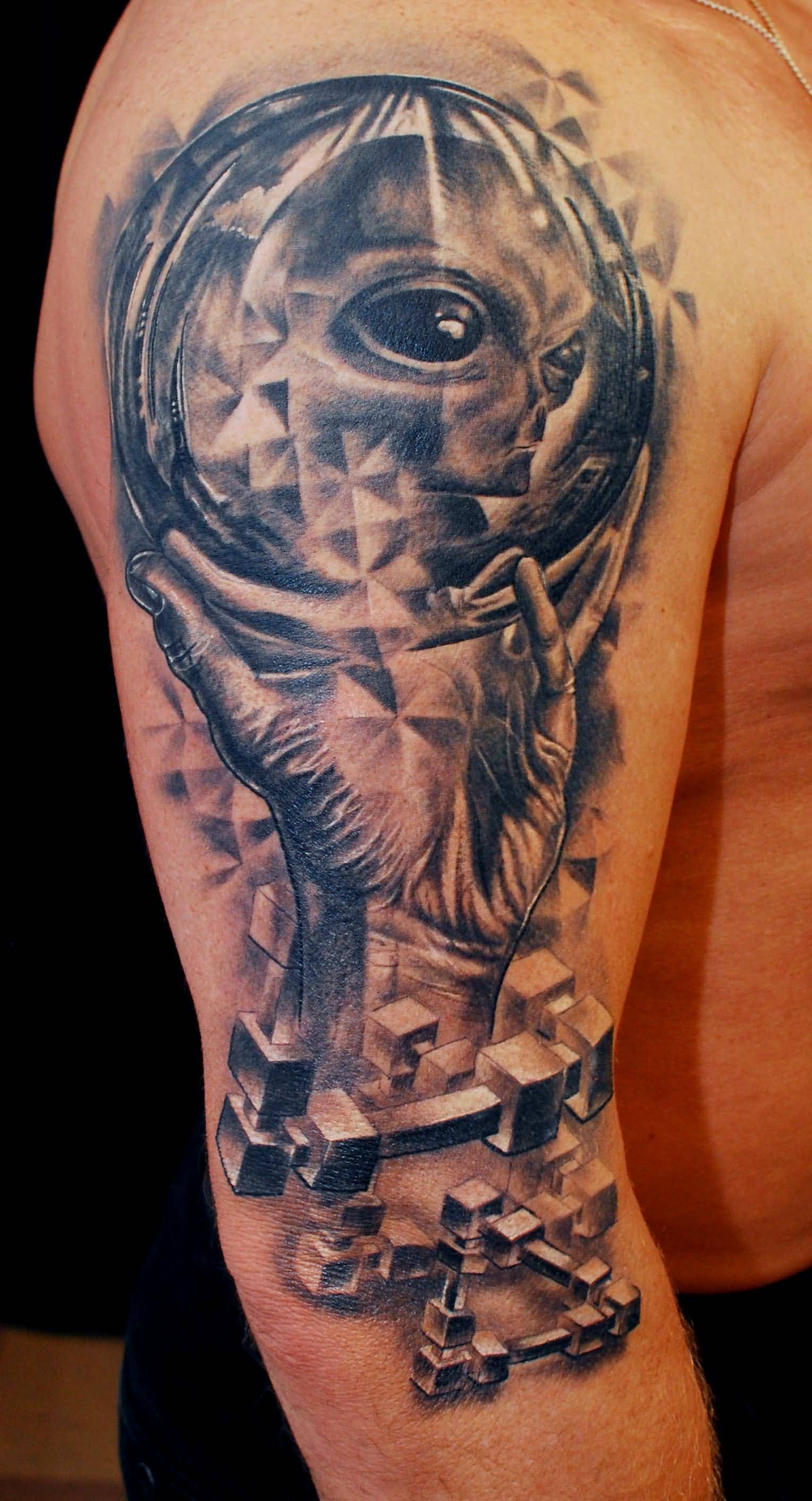 Alien Ball Glass With Hand Reflecting Sphere Escher Tattoo On Right Half Sleeve
