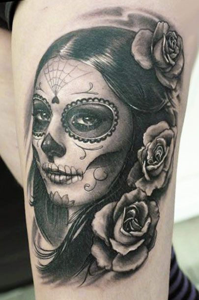 Amazing Catrina With Rose Flowers Tattoo On Thigh