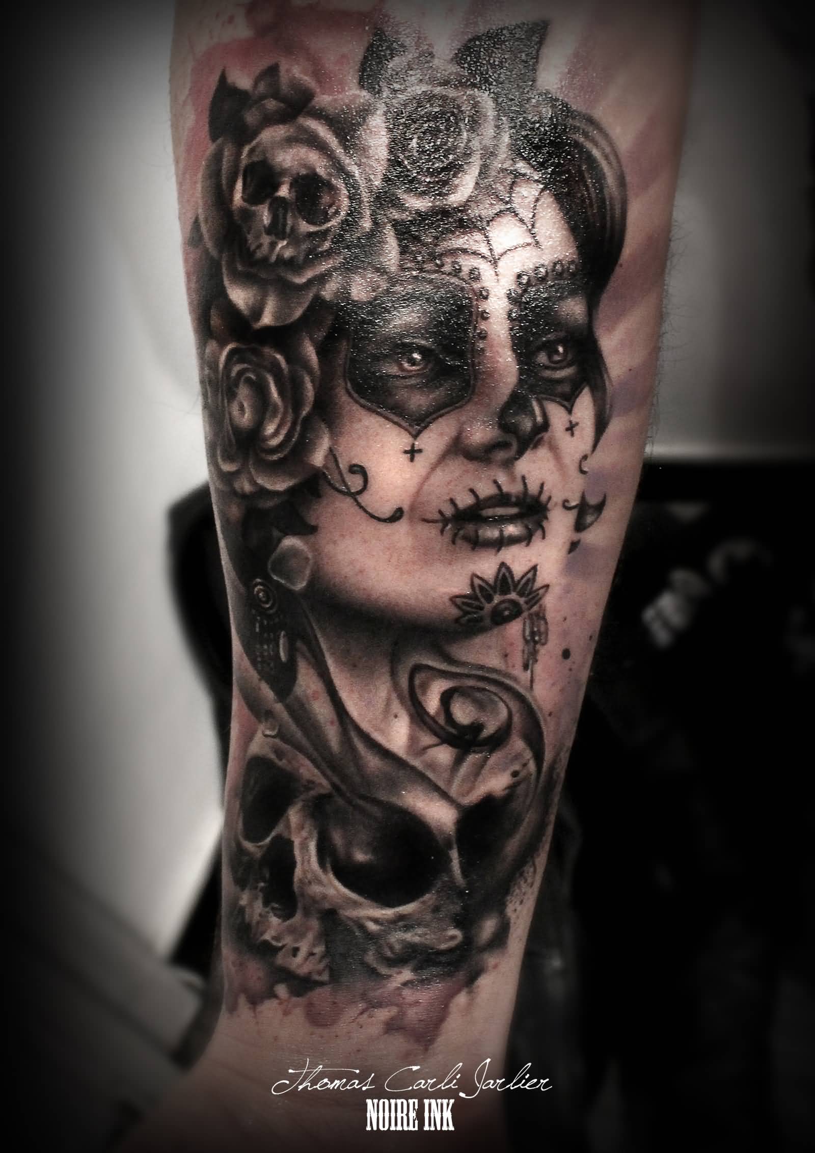 Amazing Catrina With Skull Tattoo On Forearm By Thomas Carli Jarlier