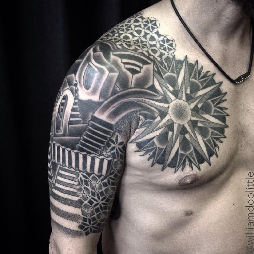 Amazing Escher Tattoo On Chest And Half Sleeve For Men