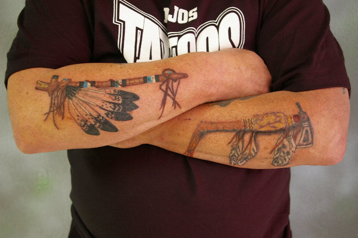 Amazing Indian Weapons Tattoo On Both Arm Sleeves
