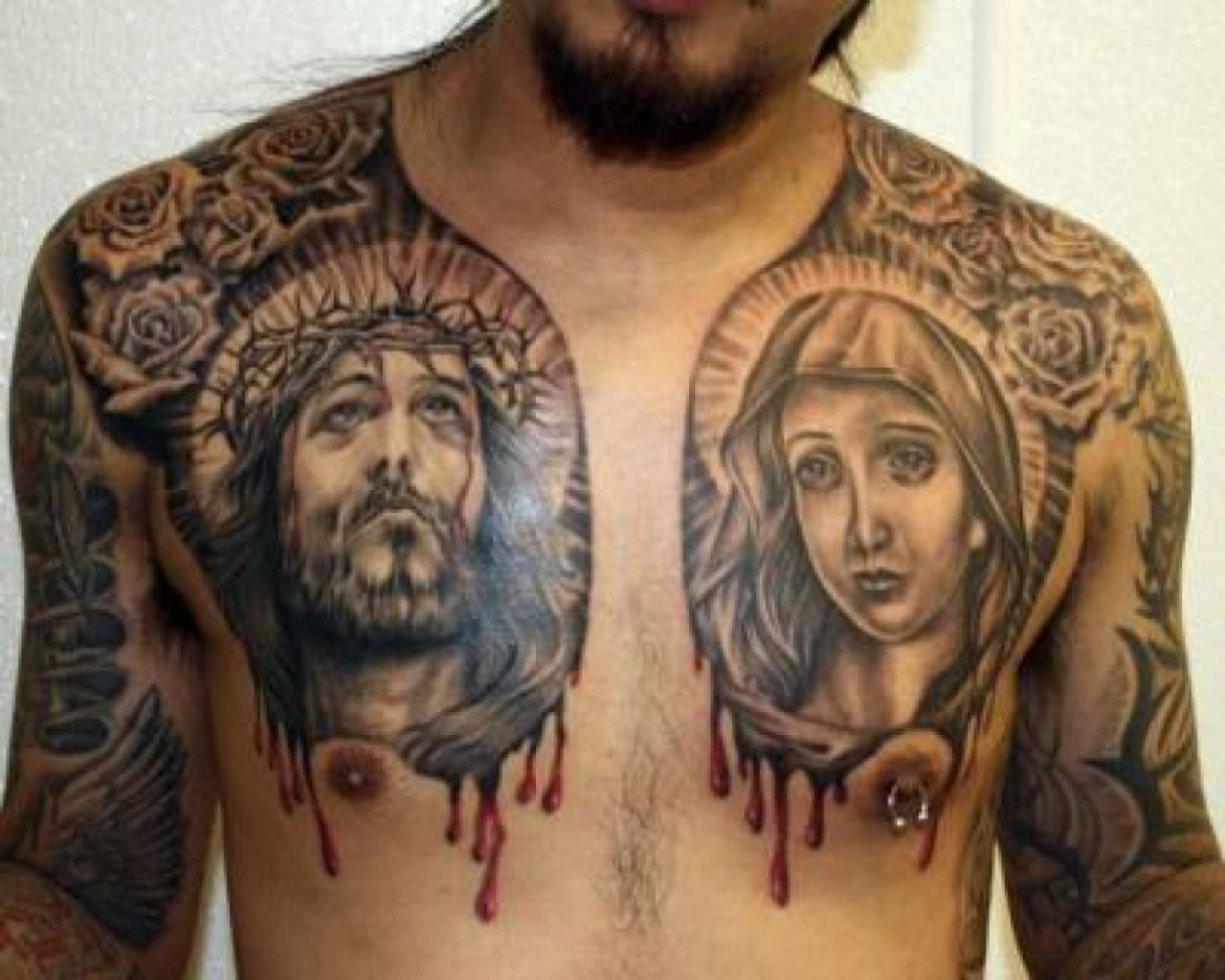 Amazing Jesus Spiritual Tattoo On Chest For Men