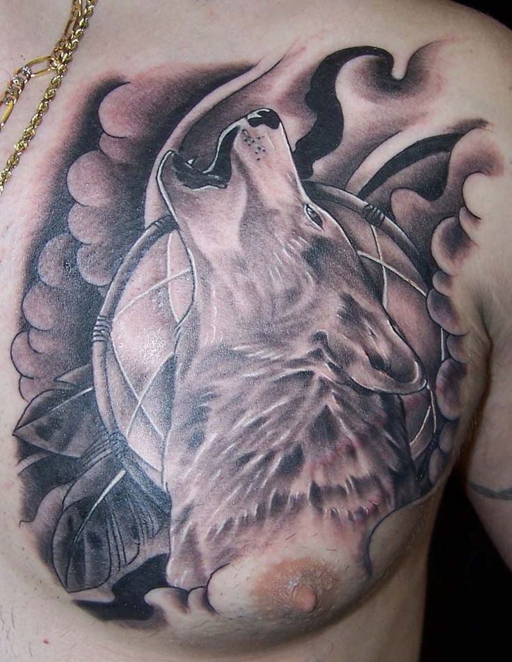 Amazing Nature Wolf Spiritual Tattoo On Chest For Men