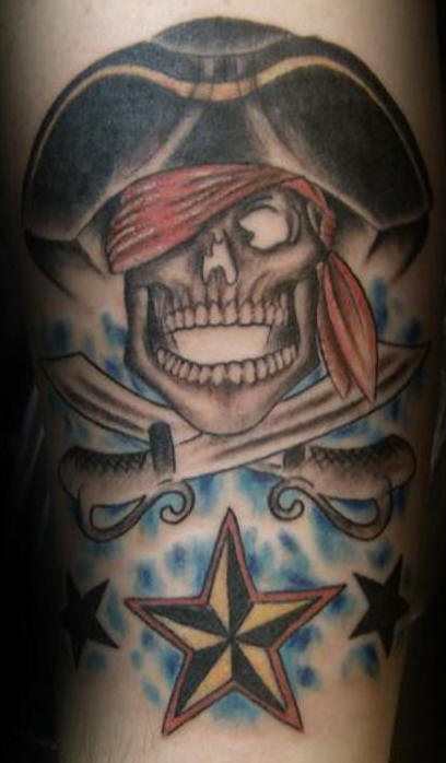 Amazing Pirate Skull With Nautical Star Tattoo