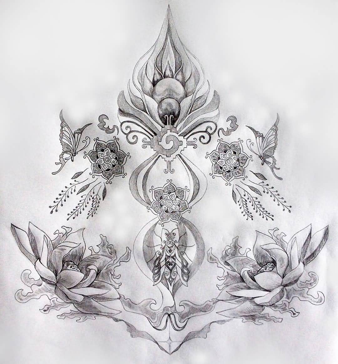 Amazing Spiritual Flowers Anchor Tattoo Sketch