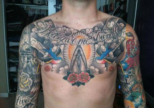 Amazing Traditional Spiritual Tattoo On Chest To Arms