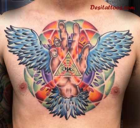 Amazing Winged Hand Spiritual Tattoo On Chest For Men