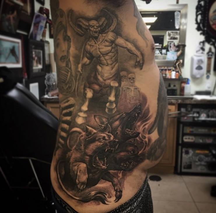 Amazing Wolf And Satan Tattoo On Side Rib.