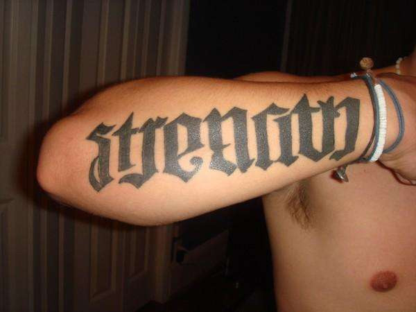 Ambigram Style Strength Tattoo On Arm Sleeve For Men