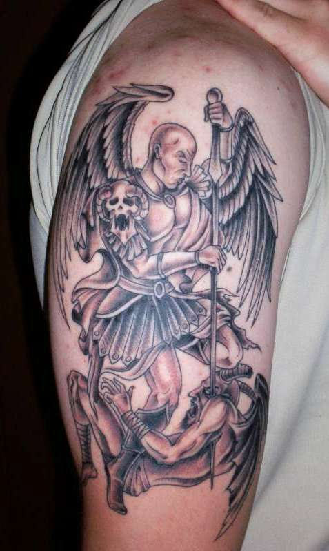 Angel Killed Evil Satan Tattoo On Right Half Sleeve