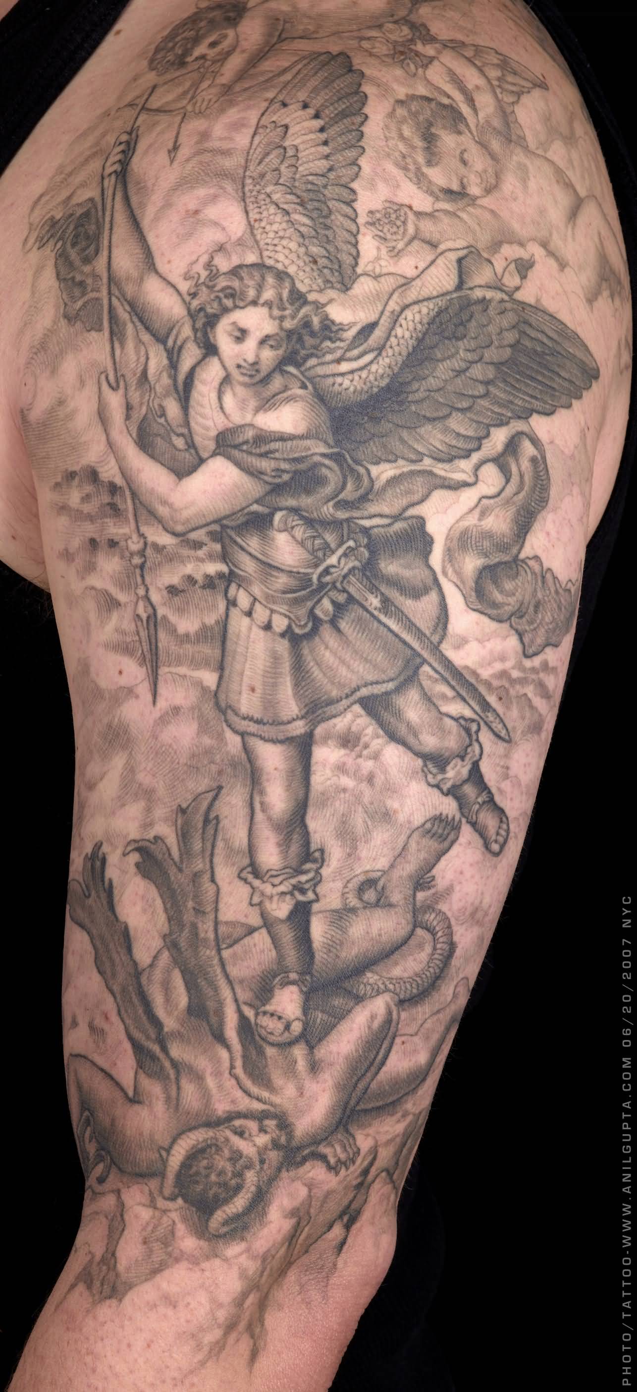 Angel Vs Evil Spiritual Tattoo On Left Half Sleeve