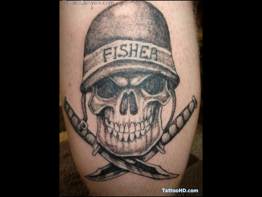 Army Skull With Knives Weapons Tattoo
