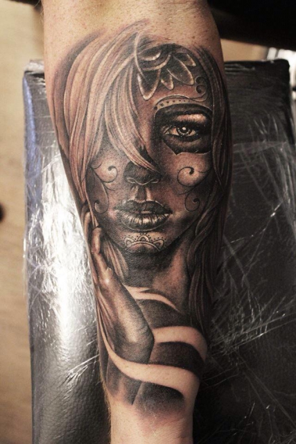 Attractive Black And Grey Catrina Tattoo On Forearm