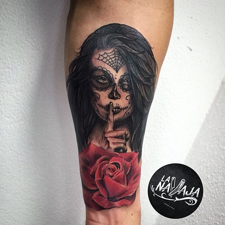 Attractive Catrina And Realistic Rose Tattoo On Forearm