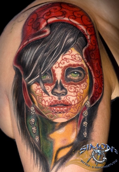 Attractive Catrina Tattoo On Right Half Sleeve