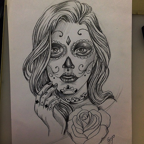 Attractive Catrina With Rose Tattoo Sketch