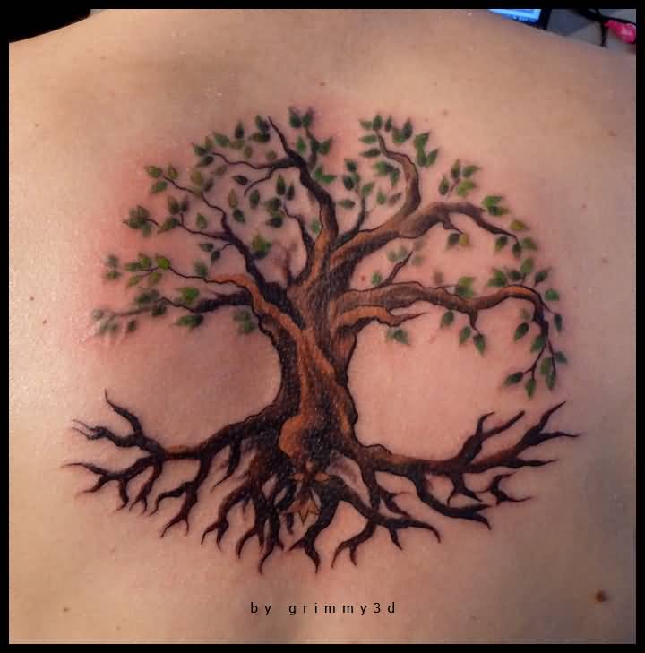 Attractive Tree Of Life With Large Trunk Tattoo On Upper Back