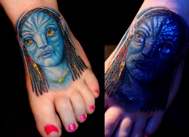 Avatar Pandora Under Daylight And UV Light Tattoo On Foot