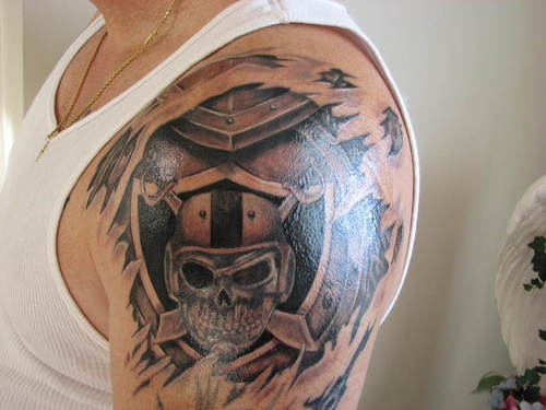 Awesome 3D Oakland Raiders Tattoo On Left Shoulder